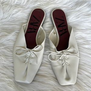 Zara square toe mules with laced bow white size 37